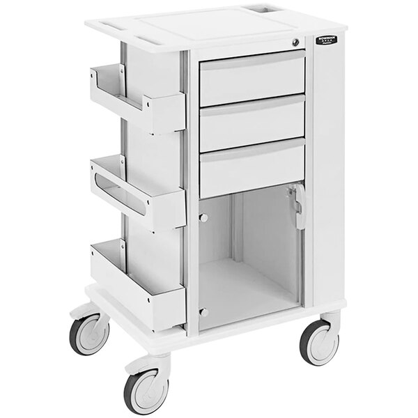 A white BOWMAN storage cart with drawers.