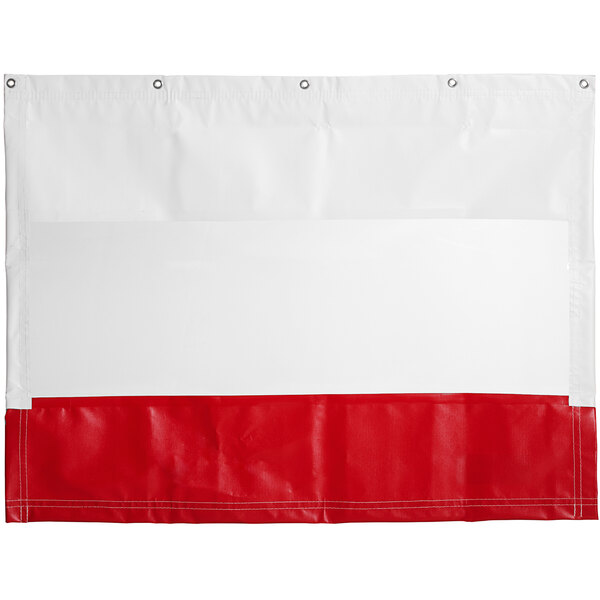 A white tarp with red and white vinyl hemming.