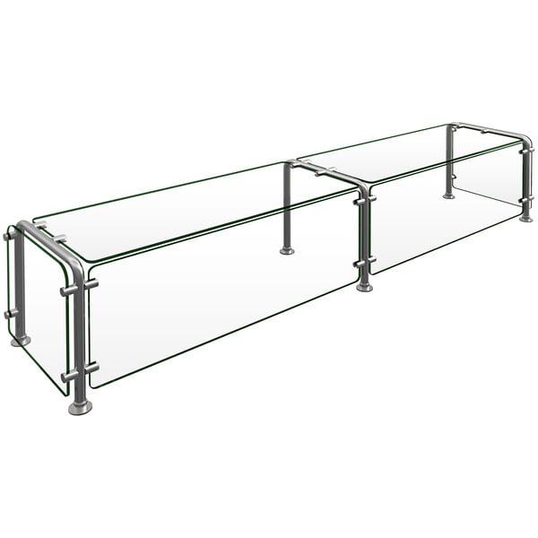 A glass shelf with metal rods on a counter.