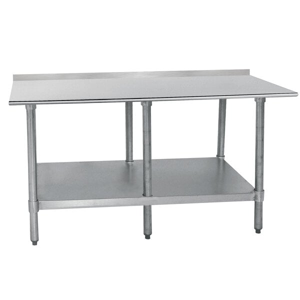 A stainless steel Advance Tabco work table with undershelf.