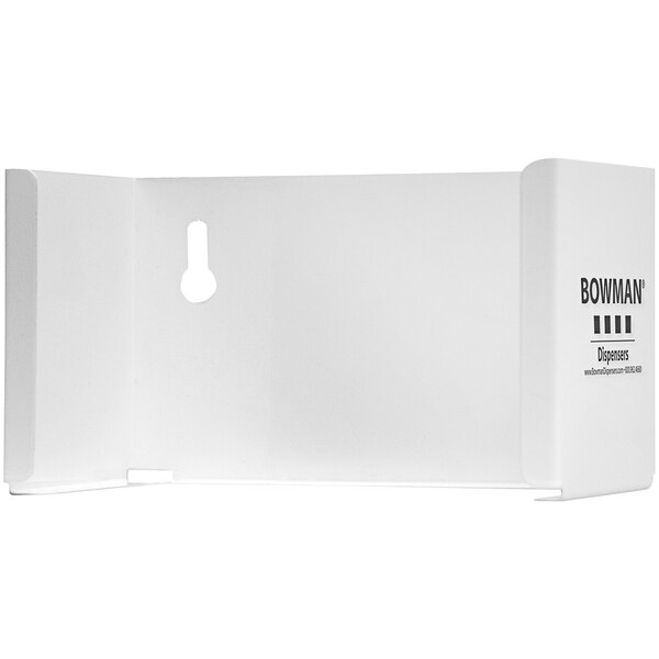 A white powder-coated steel rectangular dispenser with a hole in it.