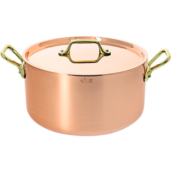 A de Buyer copper sauce pot with a lid.