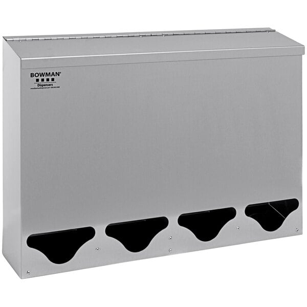 A stainless steel BOWMAN tall quad bulk dispenser with black holes.