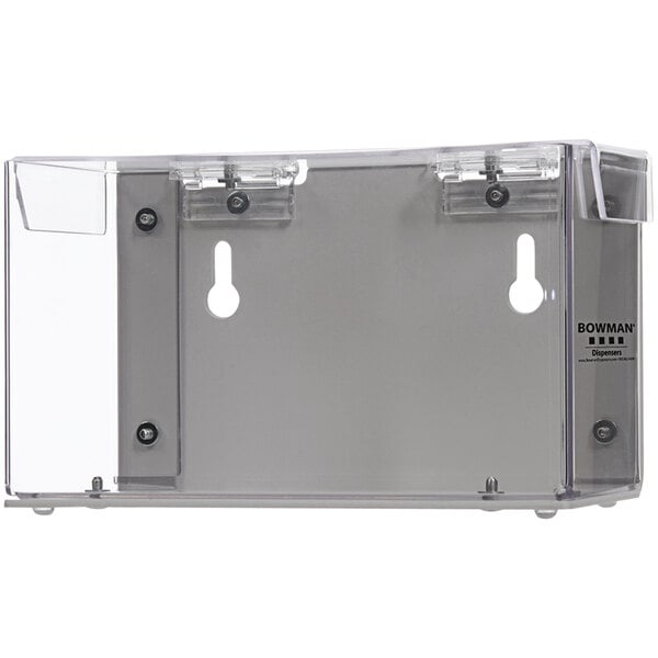A BOWMAN clear plastic wall mount dispenser with two holes.