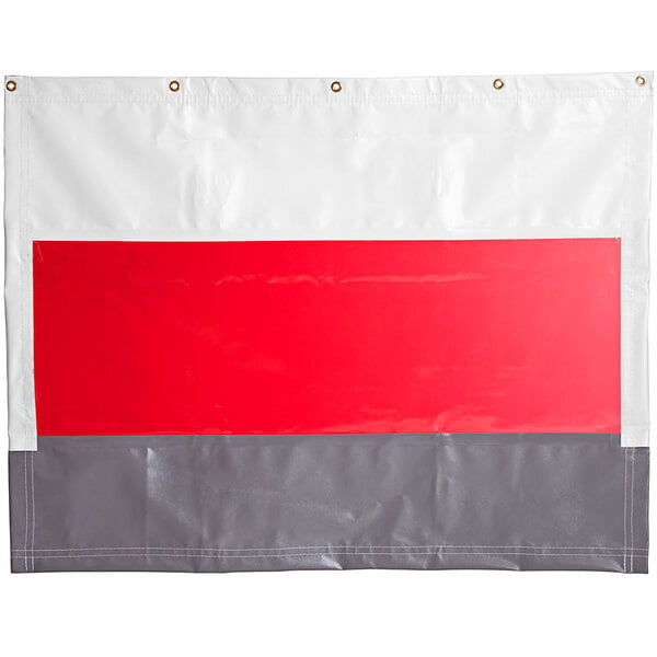 A red rectangular vinyl curtain with white borders.