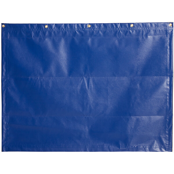 An Amcraft blue vinyl industrial curtain with gold grommets on a white background.
