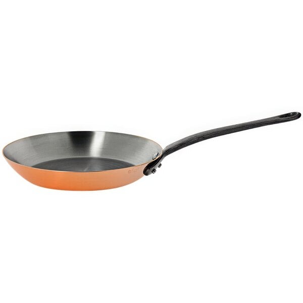 A de Buyer copper fry pan with a black handle.