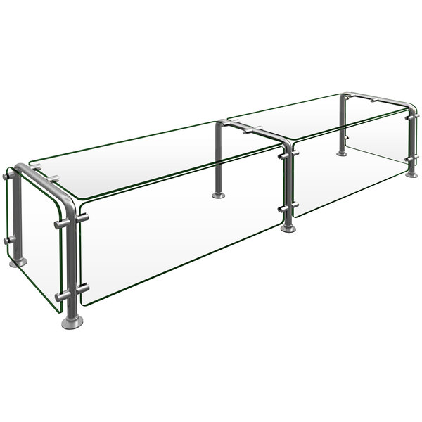 A glass shelf with metal supports over a counter.