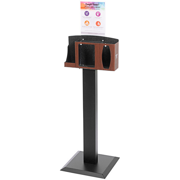 A black and cherry plastic and steel BOWMAN Cover Your Cough compliance kit stand with a vertical sign holder.