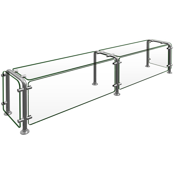 A Hatco Flav-R-Shield pass-over sneeze guard with metal poles and glass shelves.