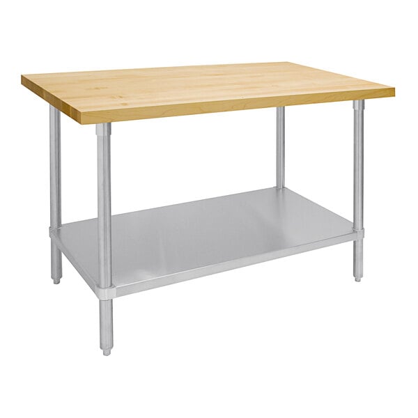 A stainless steel Advance Tabco work table with a shelf.