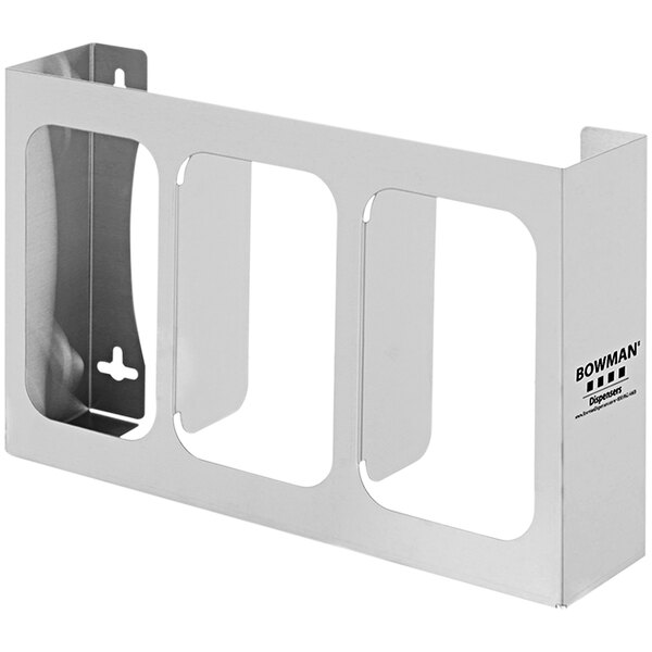 A stainless steel wall mount divided triple glove box dispenser with holes.