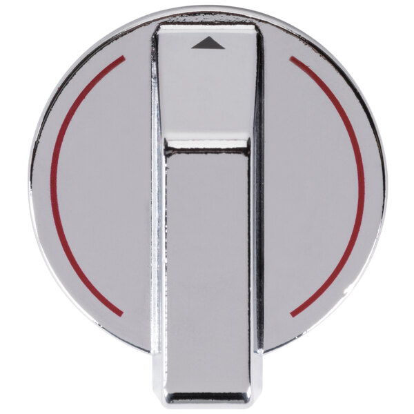 A silver metal knob with a red line.