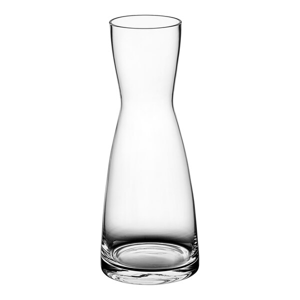 A clear glass vase with an hourglass shape.