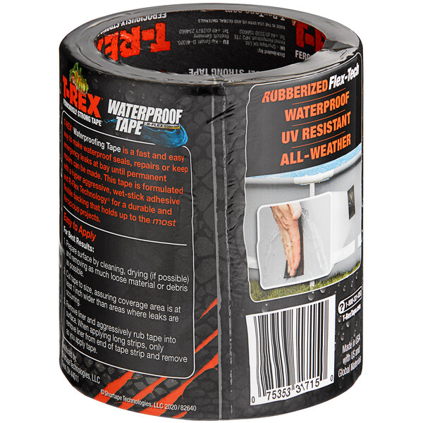 A roll of black T-Rex 4" x 5' waterproof tape with a label on it.