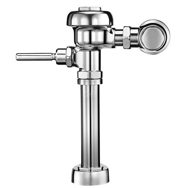 A chrome Sloan water closet flushometer.