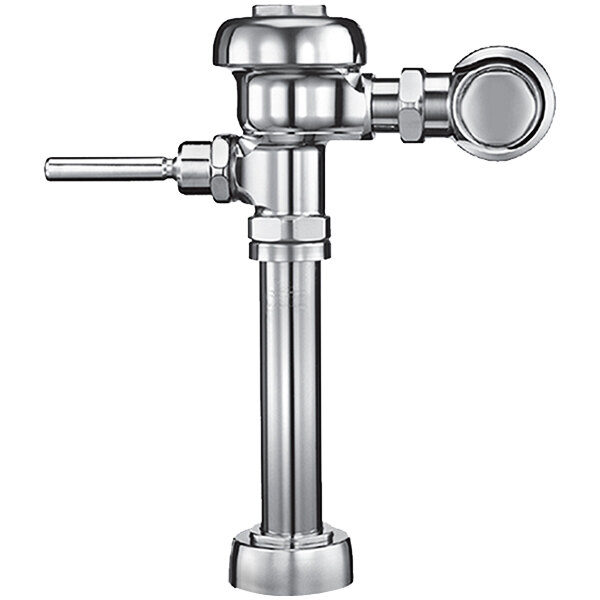 A close-up of a chrome plated metal Sloan water closet flushometer with a handle.