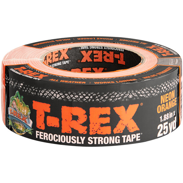 A roll of T-Rex neon orange duct tape with orange text on the label.