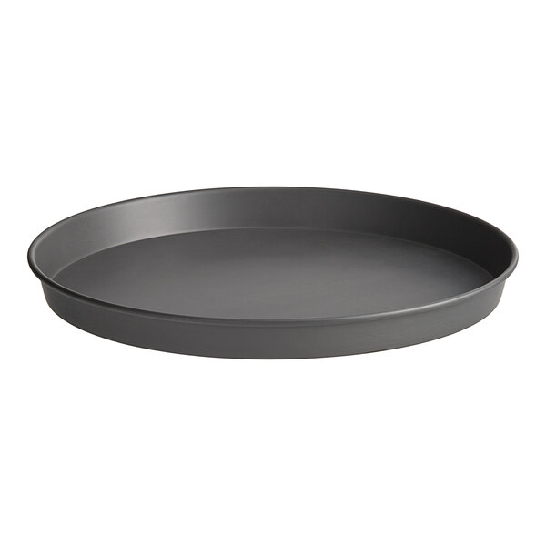 An American Metalcraft hard coat anodized aluminum round pizza pan with a tapered edge.