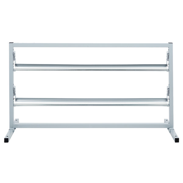 A white metal rack with four metal shelves.