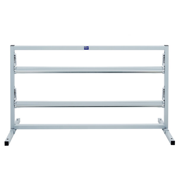 A white metal rack with silver metal bars and three shelves.