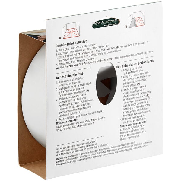 A white roll of Duck Tape carpet tape with a white label on it.