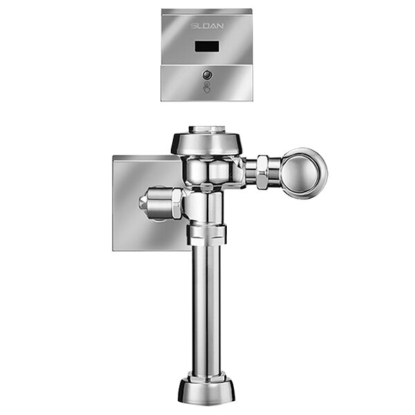 A chrome metal Sloan water closet flushometer with a button.