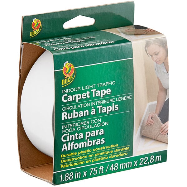 A package of Duck Tape carpet tape with a roll of ribbon inside.