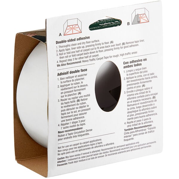 A box of Duck Tape white carpet tape with a label on it.