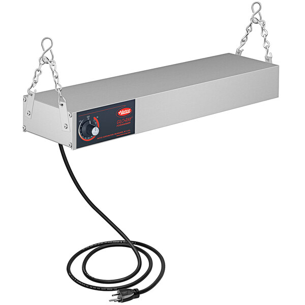 A silver metal Hatco Glo-Ray strip warmer with a black cord.