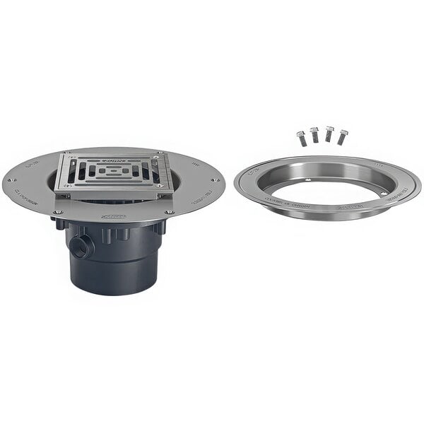 A Zurn stainless steel floor drain with a round stainless steel cover and clamp collar on a white background.