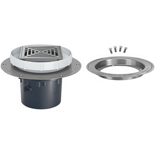 A Zurn floor drain with a stainless steel square cover and clamp collar.