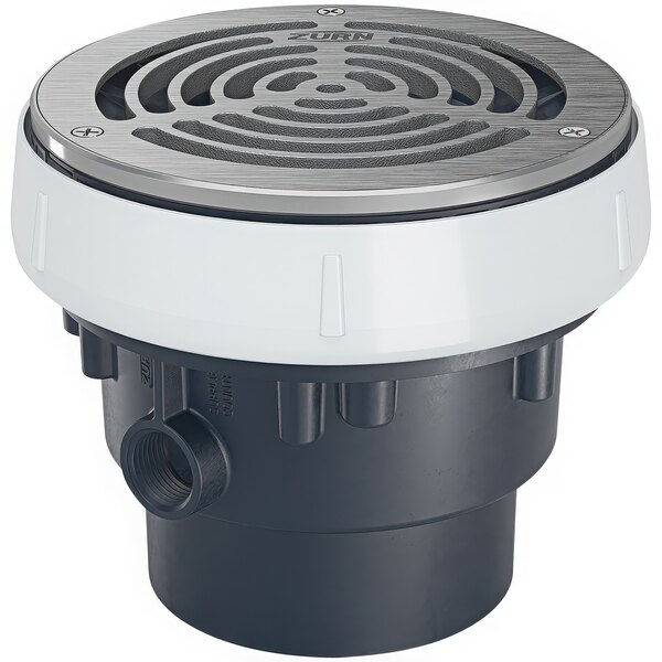 A Zurn floor drain with a round stainless steel strainer and black and white ABS cover.