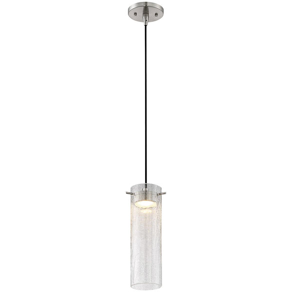 A SATCO/NUVO Pulse mini pendant light with a clear crackle glass tube and brushed nickel metal accents.