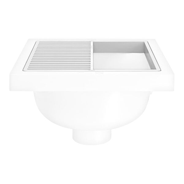 A Zurn white floor sink frame with a half nickel bronze grate over a drain.