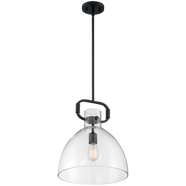 A SATCO Teresa glass pendant light with a matte black finish over a light bulb.