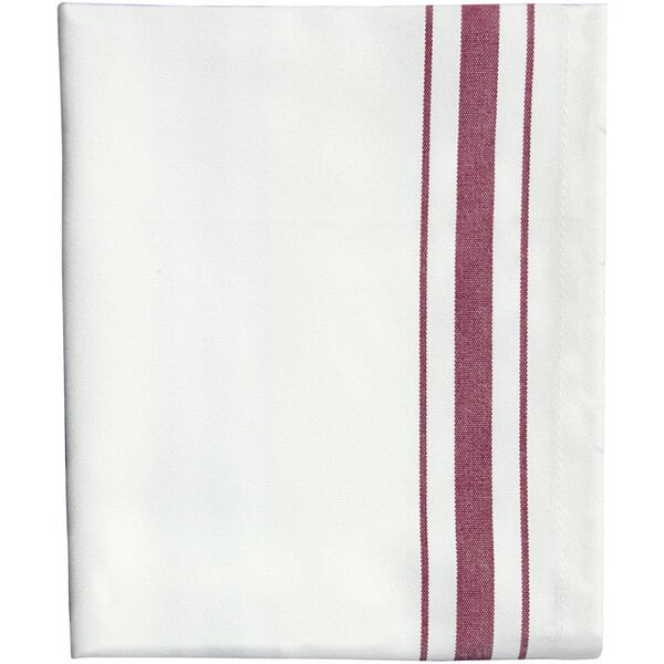 A white cloth napkin with red stripes and a white border.