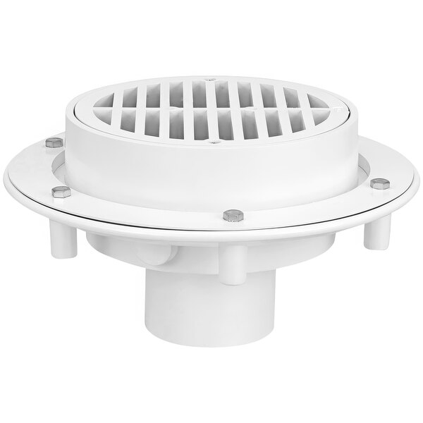 A Zurn PVC floor drain with a round base and round metal grate.