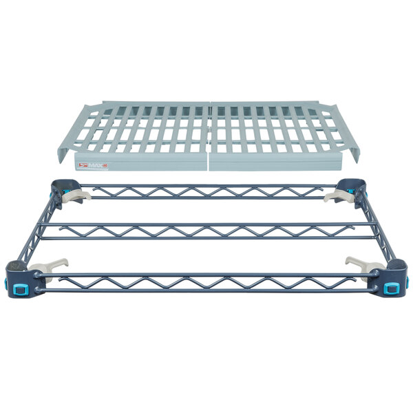A MetroMax Q metal shelf with blue handles.