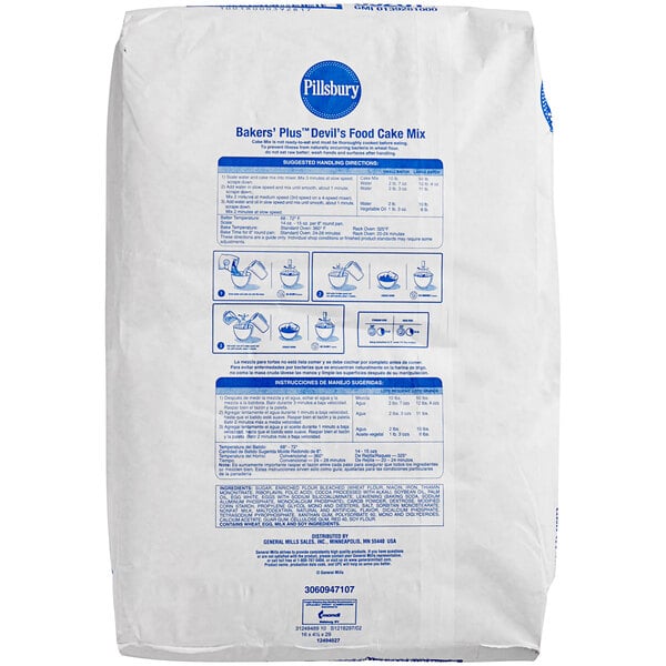 A white bag of Pillsbury Bakers' Plus Devil's Food Cake Mix with blue text.