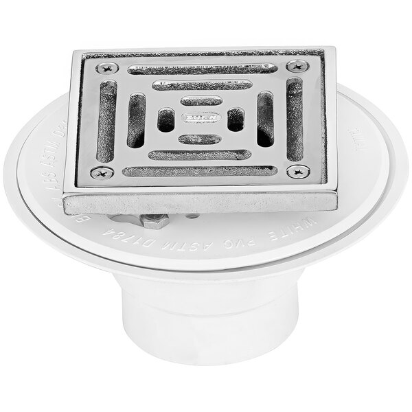 A Zurn floor drain with a square chrome-plated strainer.