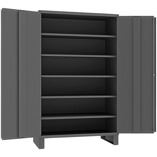 A large metal Durham storage cabinet with open doors and shelves.