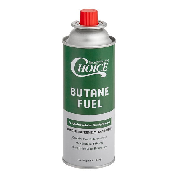 A green Choice butane fuel canister with white text and a red lid.