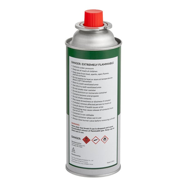 A metal canister of Choice butane fuel refill with a red cap and safety warnings on the label.