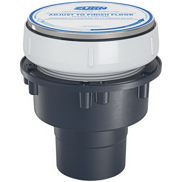 A Zurn Elkay EZ1 ABS cleanout cover with a round stainless steel cap and blue label on a white background.