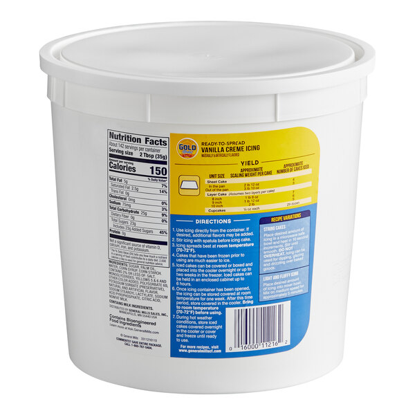 A large white plastic tub of Gold Medal Ready-to-Spread Vanilla Creme Icing weighing 11 pounds.
