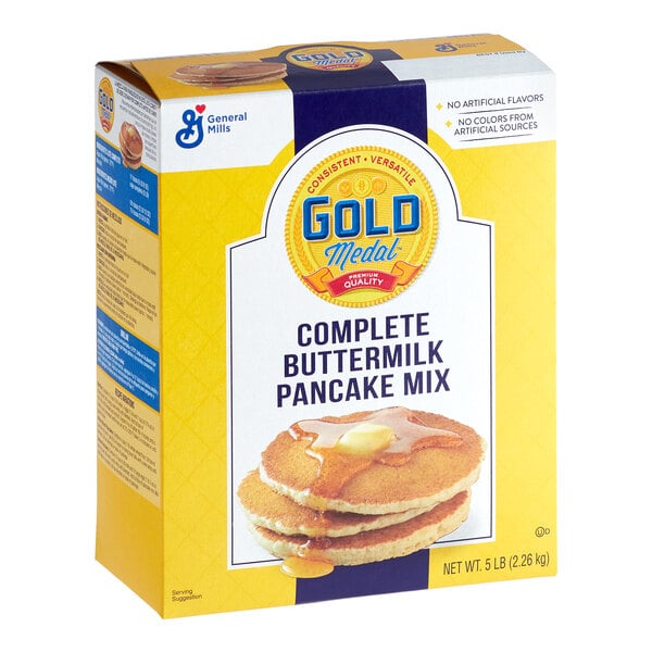 A box of Gold Medal complete buttermilk pancake mix.
