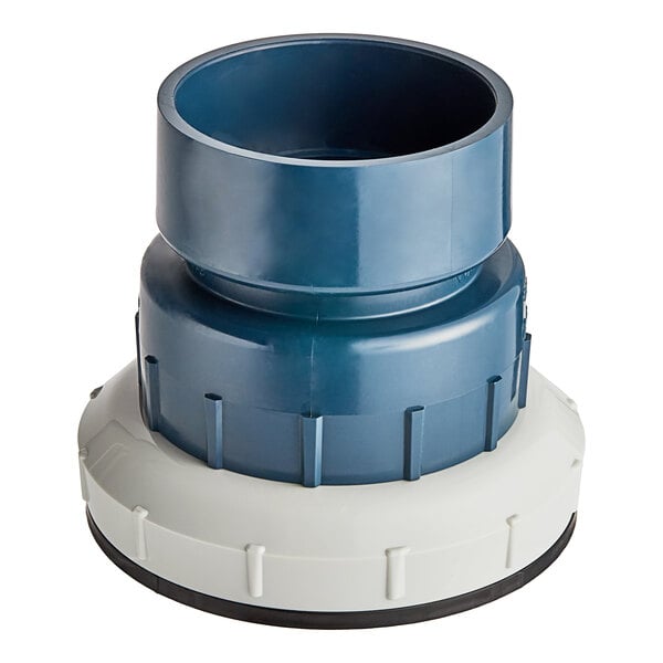 A Zurn blue and white PVC cleanout pipe fitting.