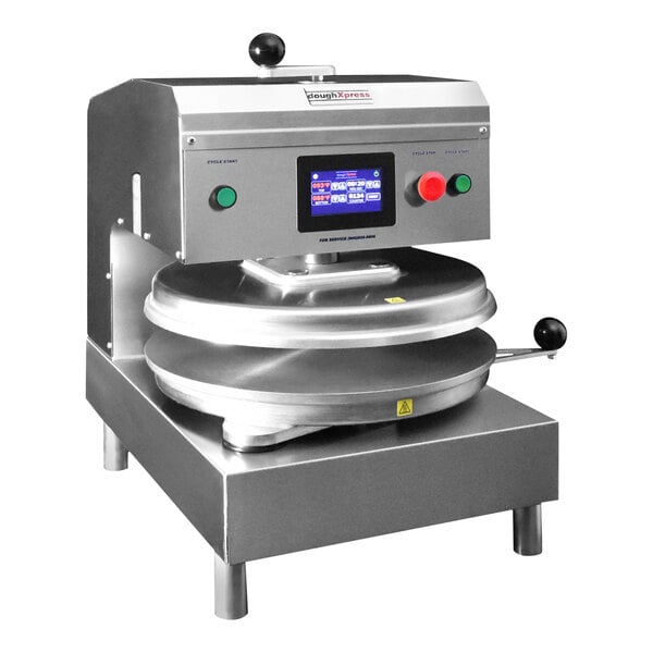 A DoughXpress stainless steel pizza dough press with a digital display and buttons.