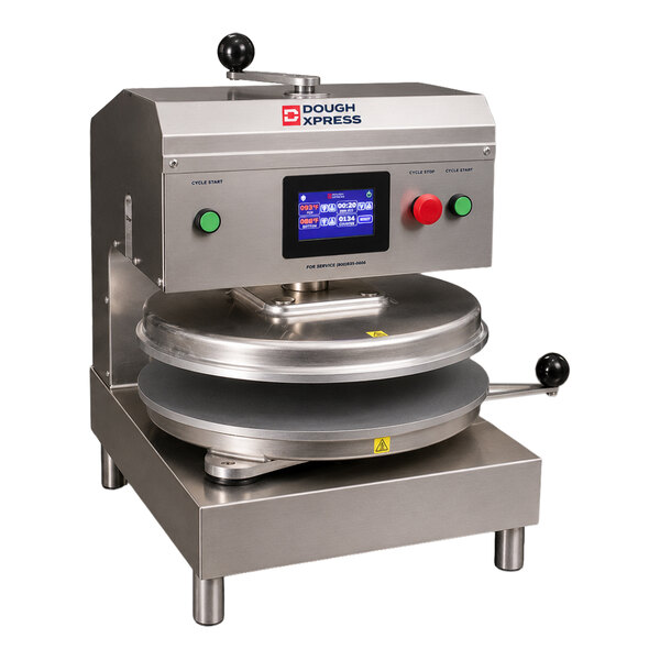 A stainless steel automatic dough press machine with dual heat plates and digital controls, designed for pressing pizza or tortilla dough.